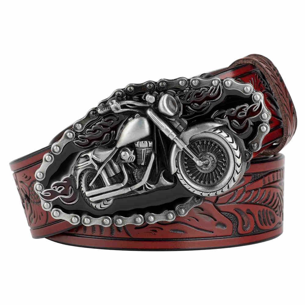 Hand-Embossed Leather Motorcycle Belt