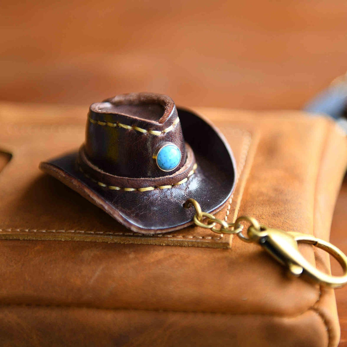 Handmade Genuine Leather Western Cowboy Hat Keychain