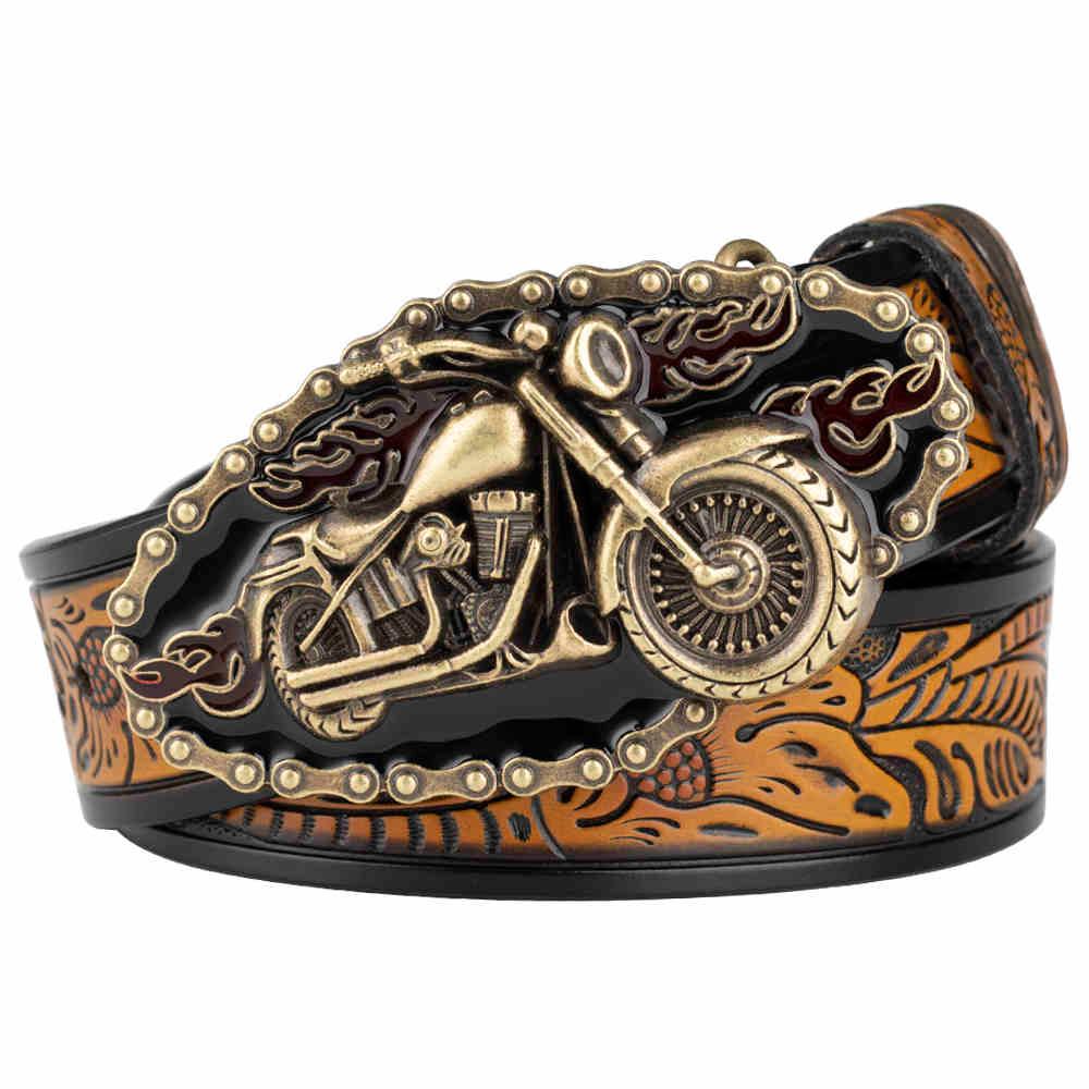 Hand-Embossed Leather Motorcycle Belt