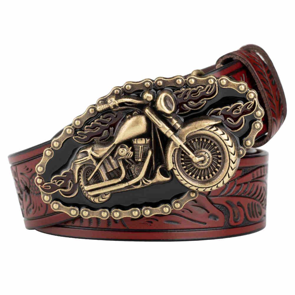 Hand-Embossed Leather Motorcycle Belt